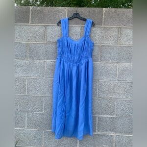 H&M Smocked Bodice Tank Dress Blue Gathered Waist Lined Size Large Milkmaid EUC